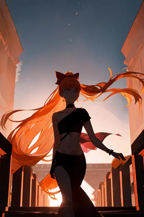 solo, ponytail, dress, long dress, flowing fabric, navel, backlighting, (silhouette:1.3), dark theme, fashion show, walkway, crowd, looking away, from below, <lora:Blossom-09:1>, (blossom), (orange hair, long hair, blunt bangs, pink eyes)