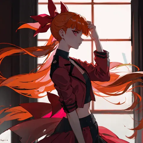 solo, ponytail, red jacket, open dress, open clothes, midriff, flowing skirt, high-end restaurant, oversized bow, (hand on own hair:1.2), side lighting, high contrast, hard light, dramatic lighting, standing, from side, looking at viewer, penetrating look, serious, focused, window, <lora:Blossom-09:1>, (blossom), (orange hair, long hair, blunt bangs, pink eyes)