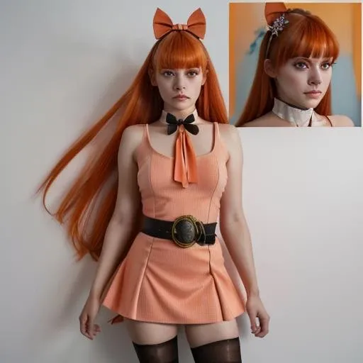 RAW photo, {blossom}, (high detailed skin:1.2), (full-body-shot:1), 1girl, ((masterpiece)), (best quality), (orange hair, long hair, blunt bangs, pink eyes), perfect anatomy, highres, detailed, (8k), photorealistic, best quality, ultra highres, ((detailed face)), IPhoneX, <lora:Blossom-09:1>, (bow, dress, belt, thighhighs)