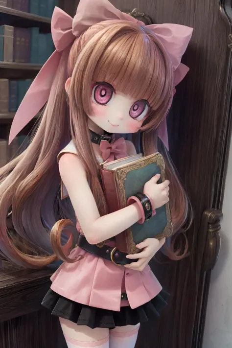 <lora:Blossom-09:0.8>,(orange hair, long hair, blunt bangs, pink eyes), (bow, dress, belt, thighhighs),
(8k, masterpiece, best quality, ultra-detailed),
cute face, kawaii, cute, very big eyes, Aesthetic Anime Eyes, small face,
light smile,
book hug,
1girl, solo,