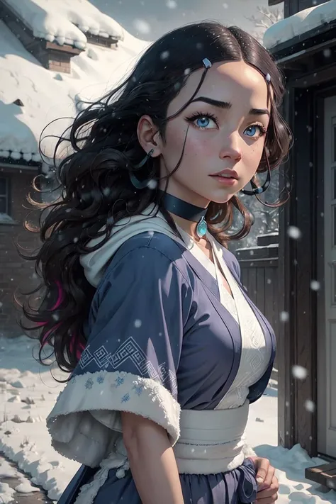 (katara:1.2), dark skin, dark-skinned female, blue eyes, brown hair, (wavy hair, hair down, long hair:1.2), choker, (blue outfit, blue robe), snowing, snowy background, winter (realistic:1.2), (masterpiece:1.2), (full-body-shot:1),(Cowboy-shot:1.2), neon lighting, dark romantic lighting, (highly detailed:1.2),(detailed face:1.2), (gradients), colorful, detailed eyes, (detailed landscape:1.2), (natural lighting:1.2),(detailed background), detailed landscape, (dynamic pose:1.2), (solo, one person, one subject:1.5), <lora:KataraV2:0.6> <lora:add_detail:0.15> <lora:hipoly3DModelLora_v10:0.05> <lora:RSERomantic_RSESofiko_RSEEmma-v1:0.1> <lora:BeautifulEyes:0.65> <lyco:coloredSkin-08:0.3>