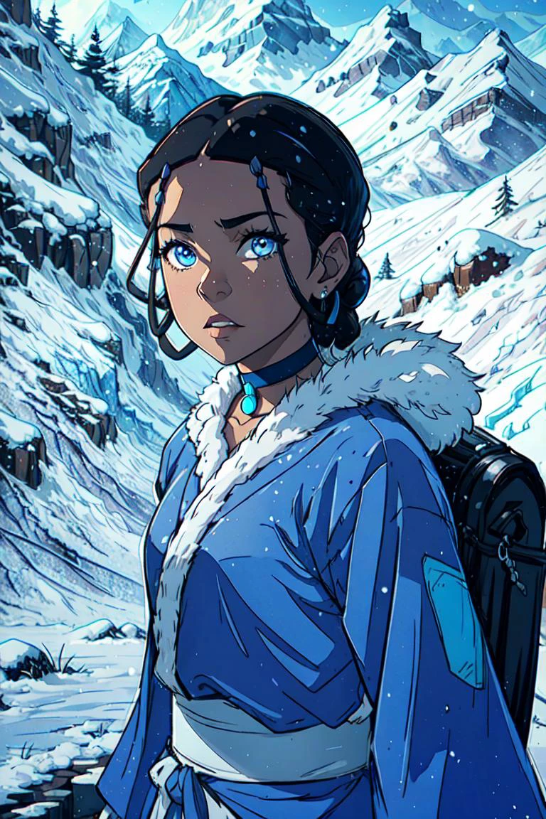 (katara:1.2), dark skin, dark-skinned female, blue eyes, brown hair, (braid:1.2), choker, (blue outfit, blue robe), snowing, snowy background, winter (realistic:1.2), (masterpiece:1.2), (full-body-shot:1),(Cowboy-shot:1.2), neon lighting, dark romantic lighting, (highly detailed:1.2),(detailed face:1.2), (gradients), colorful, detailed eyes, (detailed landscape:1.2), (natural lighting:1.2),(detailed background), detailed landscape, (dynamic pose:1.2), (solo, one person, one subject:1.5), <lora:KataraV2:0.6> <lora:add_detail:0.15> <lora:hipoly3DModelLora_v10:0.05> <lora:RSERomantic_RSESofiko_RSEEmma-v1:0.1> <lora:BeautifulEyes:0.65> <lyco:coloredSkin-08:0.3>