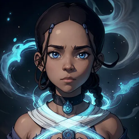 <lora:KataraV2:0.8>, katara, dark skin, dark-skinned female, blue eyes, braid, choker, jewelry , (style-swirlmagic:0.8), portrait, solo, (full body:0.6), looking at viewer, detailed background, detailed face, (<lora:GrecoRomaPunkAI:0.6>, grecopunkai theme:1.1), ancient oracle, mystic, faint smile, trance-like state, white robes, long sleeves, puffs of incense, glowing magic smoke pouring from eyes, levitating glyphs, constellations in background, magical lighting, epic atmosphere, epic composition,
