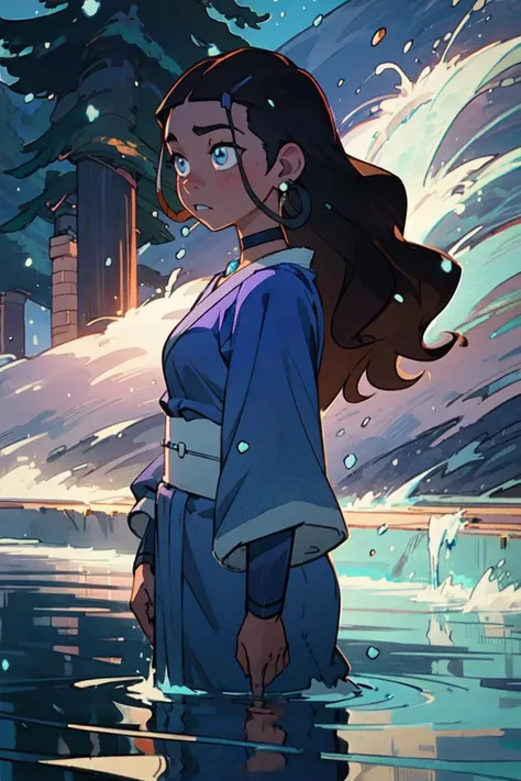 (katara:1.2), (manipulating water, moving water, bending water), dark skin, dark-skinned female, blue eyes, brown hair, (wavy hair, hair down, long hair:1.2), choker, (blue outfit, blue robe), snowing, snowy background, winter (realistic:1.2), (masterpiece:1.2), (full-body-shot:1),(Cowboy-shot:1.2), neon lighting, dark romantic lighting, (highly detailed:1.2),(detailed face:1.2), (gradients), colorful, detailed eyes, (detailed landscape:1.2), (natural lighting:1.2),(detailed background), detailed landscape, (shy pose:1.2), (solo, one person, one subject:1.5), <lora:KataraV2:0.6> <lora:add_detail:0.15> <lora:hipoly3DModelLora_v10:0.05> <lora:RSERomantic_RSESofiko_RSEEmma-v1:0.1> <lora:BeautifulEyes:0.65> <lyco:coloredSkin-08:0.3>