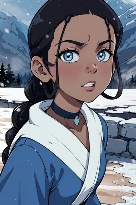 (katara:1.2), dark skin, dark-skinned female, blue eyes, brown hair, (braid:1.2), choker, (blue outfit, blue robe), snowing, snowy background, winter (realistic:1.2), (masterpiece:1.2), (full-body-shot:1),(Cowboy-shot:1.2), neon lighting, dark romantic lighting, (highly detailed:1.2),(detailed face:1.2), (gradients), colorful, detailed eyes, (detailed landscape:1.2), (natural lighting:1.2),(detailed background), detailed landscape, (dynamic pose:1.2), (solo, one person, one subject:1.5), <lora:KataraV2:0.6> <lora:add_detail:0.15> <lora:hipoly3DModelLora_v10:0.05> <lora:RSERomantic_RSESofiko_RSEEmma-v1:0.1> <lora:BeautifulEyes:0.65> <lyco:coloredSkin-08:0.3>