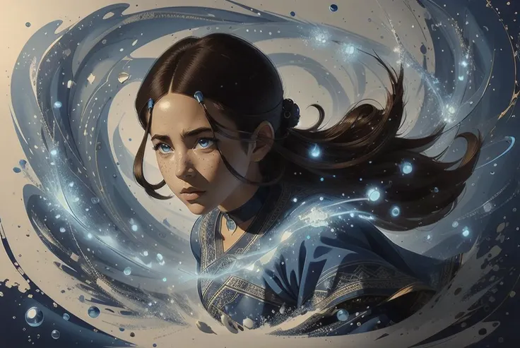 Katara, water magic, angry, mad, magic particles, elemental magic, waving hairs, 1girl,   <lora:KataraV2:0.8>, solo, <lora:Liquify:1>, <lora:magic_particles:1>, liquify, glowing, katara clothes, blue dress, choker, dark skin, blue eyes, brown hair, hair ornament, blue dress, long sleeves, pants, brown boots, blue magic, blue magic effects, light blue particles, high quality eyes, detailed eyes, perfect anatomy, perfect body, high detailed, high quality, masterpiece, perfect, intricate detailes, aesthetic, Painting, intricate details, modern-style colour illustration, detailed setting, freckles, reaction frame, erotic aesthetics,