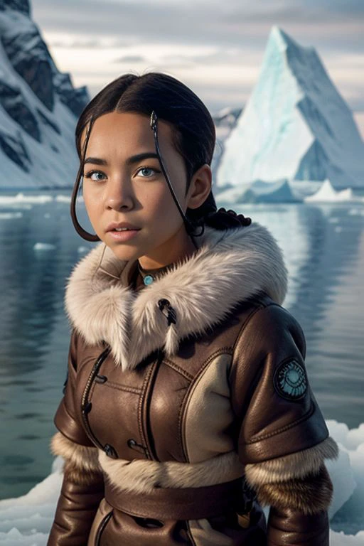 masterpiece, best quality, 1girl, katara, waterbending, toned, dark skin, braid, fur coat, jewelry, looking at viewer, upper body, iceberg background, sea, arctic, (blue eyes:0.6) <lora:KataraV2:1> <lora:add_detail:0.8>