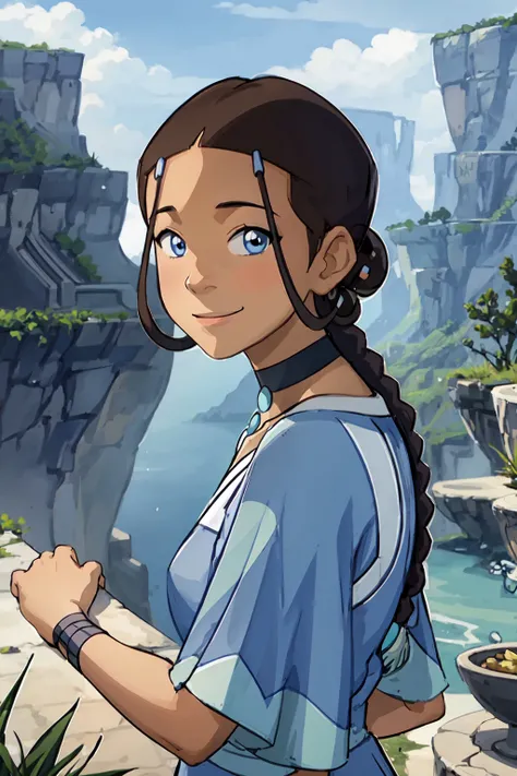 realistic, photo, 1girl, dark skin, dark-skinned female, blue eyes, braid, choker, jewelry, looking at viewer, smile, waterbending, <lora:KataraV2:1>, katara, <lora:add_detail:0.3>