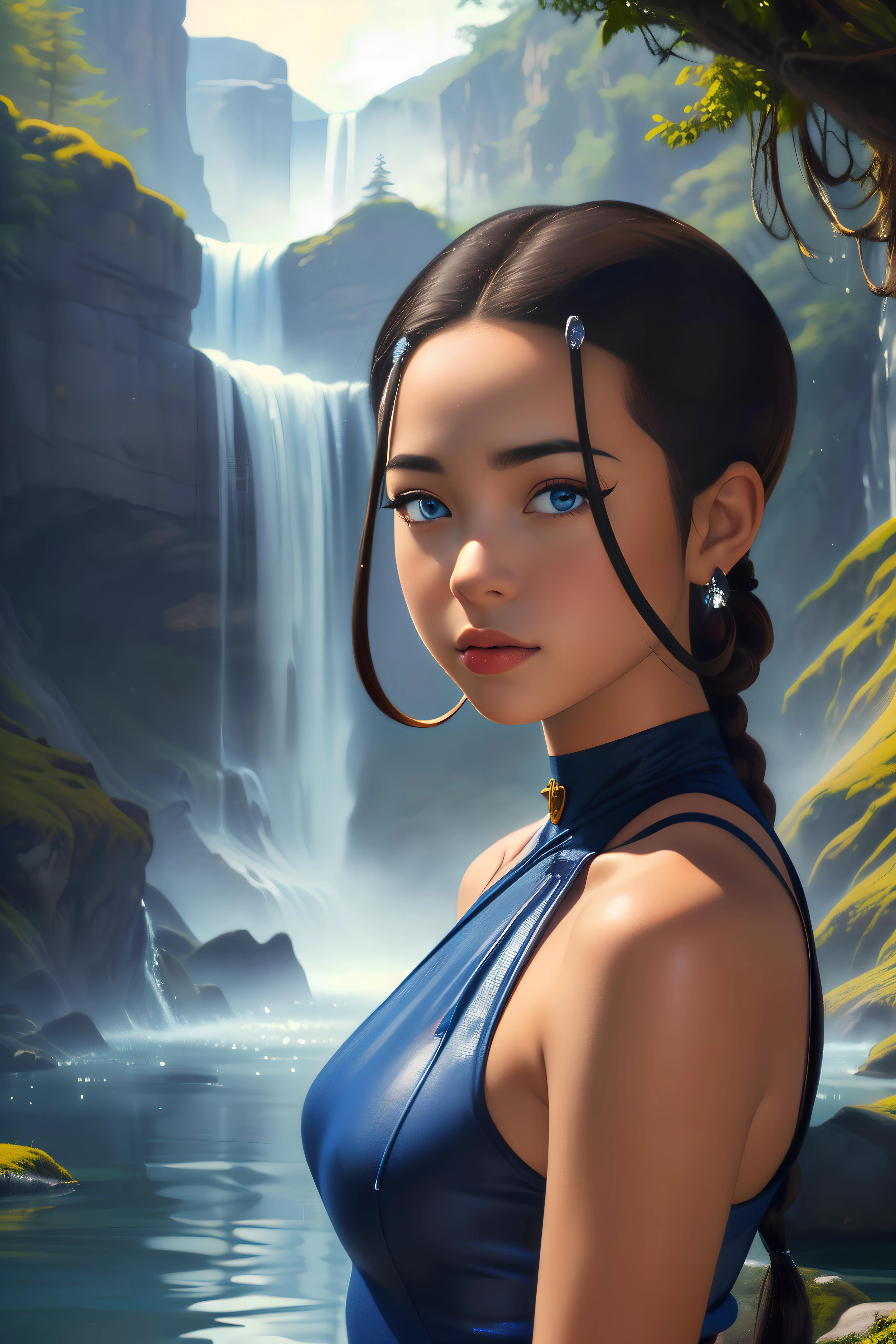 ((masterpiece)), ((best quality)), (detailed), thick brush painting of Katara, brown hair, looking at viewer, darker skin, (detailed face), blue eyes, skinny, small breasts, (wearing a water bending outfit), suggestive pose, (on a mountaintop, overlooking a beautiful nature scenery, rivers flowing into the ocean, waterfalls, forest), front view, 3/4 body view, close-up, perfect anatomy, 32k UHD resolution, best quality, highres, brilliant, vibrant, vivid color, highest detailed, stunning composition, hyper emotional, symmetrical, <lora:KataraV2:.7>
