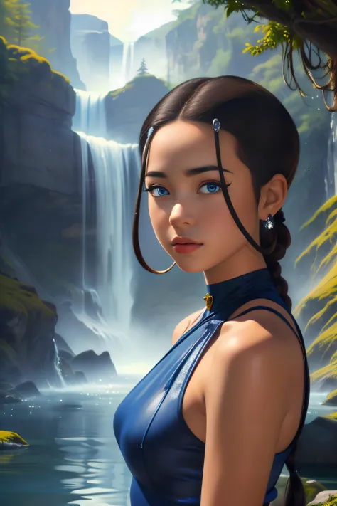 a painting of a woman in a blue dress standing in front of a waterfall