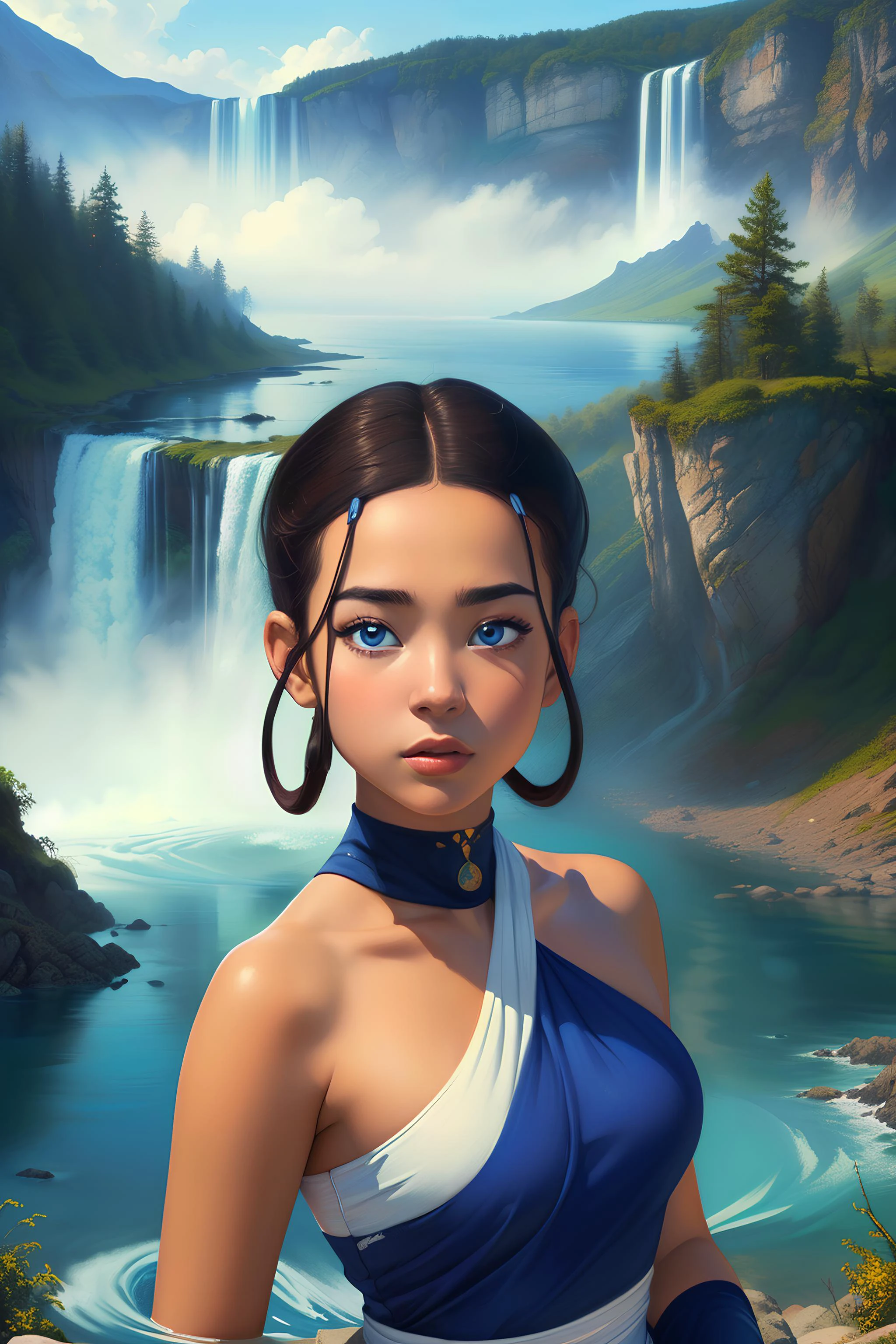 ((masterpiece)), ((best quality)), (detailed), thick brush painting of Katara, brown hair, looking at viewer, darker skin, (detailed face), blue eyes, skinny, small breasts, (wearing a water bending outfit), suggestive pose, (on a mountaintop, overlooking a beautiful nature scenery, rivers flowing into the ocean, waterfalls, forest), front view, 3/4 body view, close-up, perfect anatomy, 32k UHD resolution, best quality, highres, brilliant, vibrant, vivid color, highest detailed, stunning composition, hyper emotional, symmetrical, <lora:KataraV2:.7>