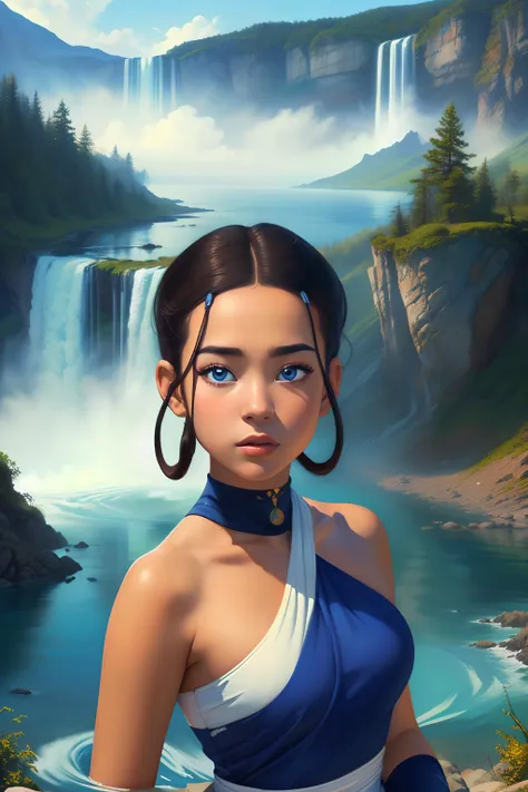 a painting of a woman in a blue dress standing in front of a waterfall