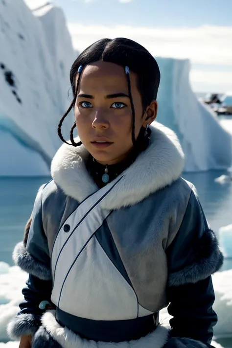 (high detailed skin:1.2), full body, 1girl, katara, toned, dark skin, braid, blue fur coat, jewelry, looking at viewer, upper body, iceberg background, sea, arctic, blue eyes, small details, photorealistic, ultra-realistic photo, 8k uhd, dslr, soft lighting, high quality, film grain, ((masterpiece)), 8k, HDR, highly detailed, professional <lora:KataraV2:1> <lora:more_details:1>