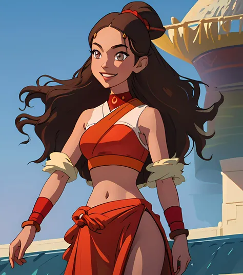 <lora:KataraV2:0.95>, (kataras3), bracelet, long hair, brown hair, crop top, midriff, navel, ((high resolution illustration)), ((extremely detailed)), ((masterpiece)), cinematic lighting, on the beach, red outfit, smiling