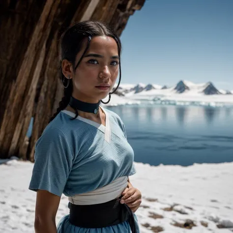 (waist-up body shot:1.3) of (katara:1.1) standing, dark skin, dark-skinned female, blue eyes, braid, choker, jewelry, scenic depth, background of Antarctica scenic view, (snowing:1.1), <lora:more_details:0.8>, photography with Canon EOS R3, Hasselblad lens. <lora:KataraV2:0.8>, RAW candid cinema, 16mm, color graded portra 400 film, remarkable color, ultra realistic, textured skin, remarkable detailed pupils, realistic dull skin noise, visible skin detail, skin fuzz, dry skin, shot with cinematic camera, detailed skin texture, (blush:0.5), (goosebumps:0.5), subsurface scattering