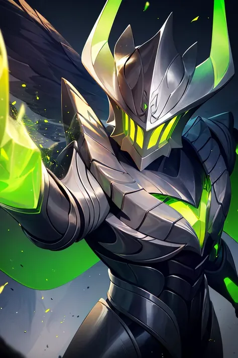 ((masterpiece,best quality)), absurdres,
<lora:Argus_ML:0.8>, Argus_ML, helmet, green glow, 
solo, smiling, looking at viewer, cowboy shot,
night sky in background, cinematic composition, dynamic pose,