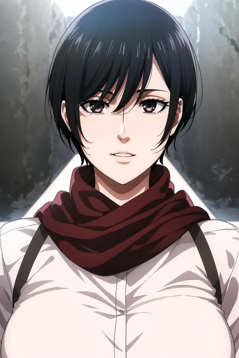 Simple White Background,
White shirt,paradis military uniform,belt, belt buckle,
<lora:Mikasa_ackerman_Mappa-KK77-V1:0.7>,Red scarf around her neck,
black eyes, black hair, Short_hair,Hair between eyes,
<lora:Mariana_Luciano_NON_VIRGIN-KK77-V1:0.3>,<lora:more_details:0.1>,
1 girl, 20yo,Young female,Beautiful Finger,Beautiful long legs,Beautiful body,Beautiful Nose,Beautiful character design, perfect eyes, perfect face,expressive eyes,perfect balance,
looking at viewer,(Focus on her face),closed mouth, (innocent_big_eyes:1.0),Light_Smile,
official art,extremely detailed CG unity 8k wallpaper, perfect lighting,Colorful, Bright_Front_face_Lighting,shiny skin,
(masterpiece:1.0),(best_quality:1.0), ultra high res,4K,ultra-detailed,
photography, 8K, HDR, highres, absurdres:1.2, Kodak portra 400, film grain, blurry background, bokeh:1.2, lens flare, (vibrant_color:1.2),professional photograph,
(Beautiful,large_Breasts:1.4), (beautiful_face:1.5),(narrow_waist),