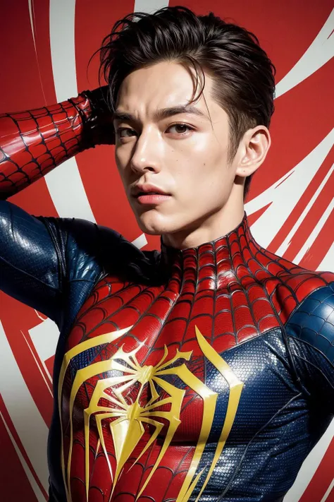 (masterpiece,top quality,best quality,official art,beautiful and aesthetic:1.2),((1 boy:1.4)),extreme detailed,(joshua middleton comic cover art:1.1),(Action painting:1.2),(concretism:1.2),theater dance scene,(hypermaximalistic:1.5),colorful,highest detailed,<lora:add_detail:0.75>,(Action painting on body and face:1.2),(18 years old young boy),splash art, ((spiderman)),spiderman suit in red,hi-tech version,man focus, (muscular:1.35), spiderman mask,