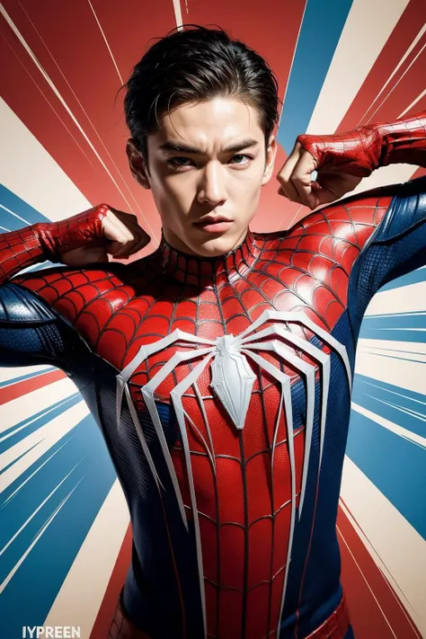 American man very handsome, muscular, so sensual, so handsome, so charming, hot body, men, full body, fullbody, spiderman costume, gold and white suit,