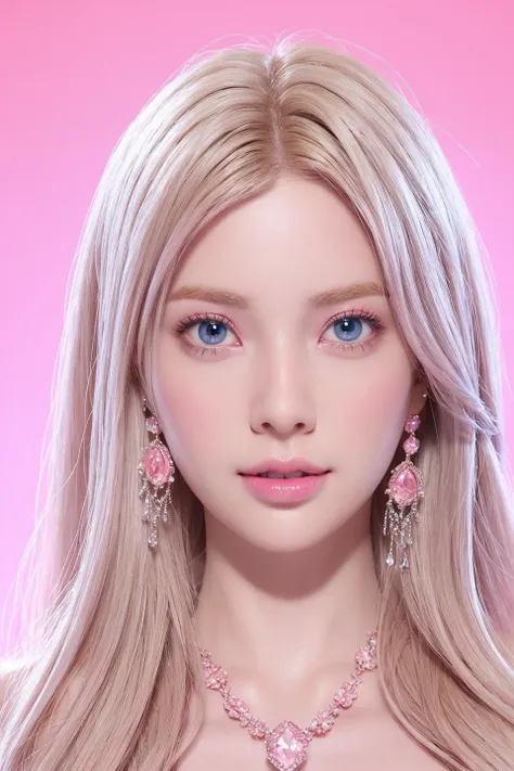 1girl,star blue eye,blush,perfect illumination,upper body,3DMM,<lora:3DMM_V12:0.7>,blonde hair,long hair,jewelry,gradient pink background,pink dress,earrings,pink dress,realistic,necklace,looking at viewer,tiara,pink lips,light smile,unreal engine,side lighting,detailed face,bangs,bright skin