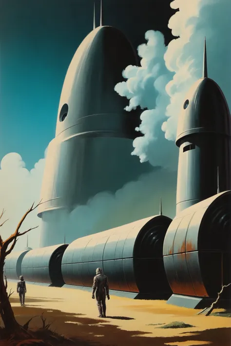 retro 1940s scifi poster, rough brush strokes, Stables and Kennels \(room\) in a a great,infinite fantasy cloud city edge of the universe, masterpiece, by Aaron Beck<lora:EnvyStarlightRetro03:1.25>