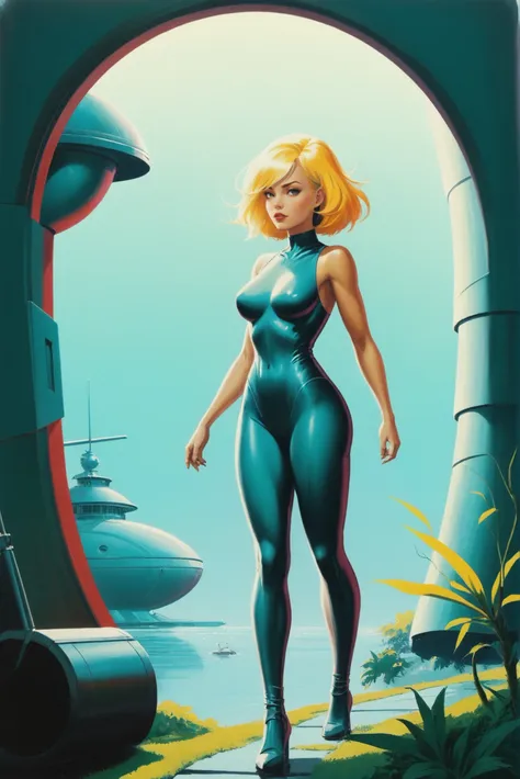 retro 1950s fantasy comic book cover, rough brush strokes, comic book style, 1girl, woman, scifi, retro-futuristic,nano-eden, exotic alien, netrunner, full body, wearing corroded color:mediumturquoise metal clothing, bombshell hair, blonde hair, Cascading Layers, matte darkgoldenrod clothes, hourglass figure, (dark skin:1.3), noon, architecture, Bird's nest observatory in a rainforest by a interior of a space cruise ship<lora:17_run16:1.25:1.25:lbw=SDXL_STYLE>