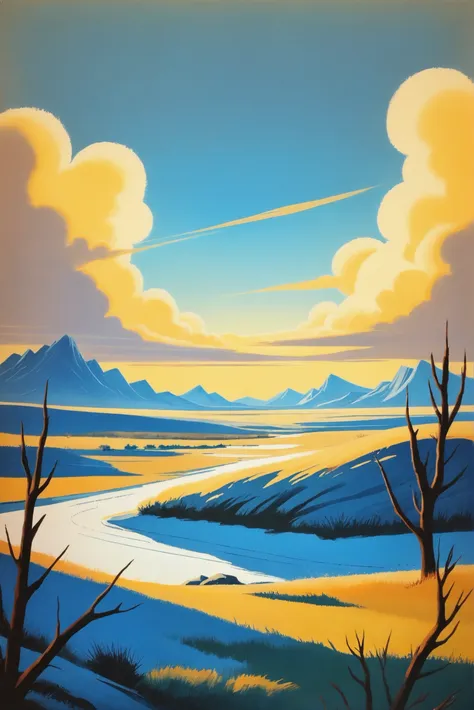 retro 1940s poster, rough brush strokes, golden hour, blue sky, clouds, scenery, in a Polar Desert<lora:EnvyStarlightRetro03:1.25>