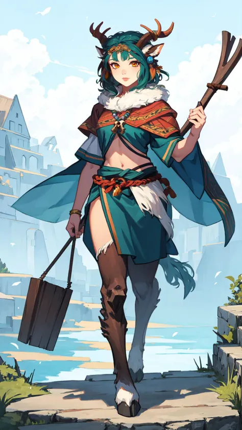 <lora:satyr_cpt_v01:0.7> <lora:PathfinderKM:0.7>, 1 woman, full body view, Pathfinder, Fantasy art, satyrcpt, satyr, horns, legfur, animal ears, hooves, (((revealing hide shaman outfit))), (((animal bones accessories))), holding a staff, 8k, 16k, trending on pixiv, fanbox, skeb, masterpiece, detailed face, digital painting,