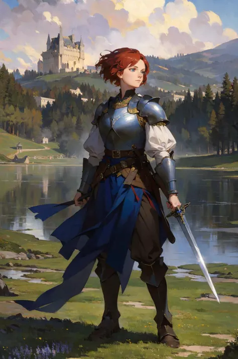 (highly detailed:1.3),pathfinder, masterpiece, best quality, extreme detail, 1girl, portrait of a girl, anime, a woman with short curly red hair and blue eyes and freckles, Young woman in medieval metal armor, lifting a sword toward the sky, near a faraway castle at sunset, aestheticism, monet color, young, key visual, vibrant, studio anime, highly detailed, magic , dragons , elves , castles , by Donato Giancola , Ruan Jia , Kekai Kotaki , Magali Villeneuve , Even Mehl Amundsen, rpg character, aestheticism, monet color, highly detailed,<lora:PathfinderKM:0.7> <lora:GoodHands-beta2:1>