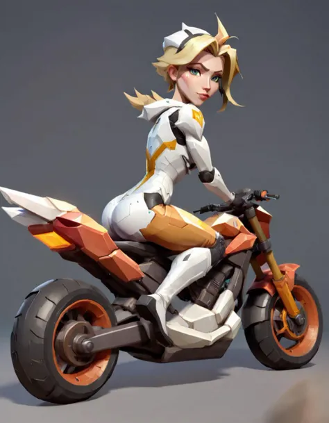 mercy sitting on a low-poly motorcycle