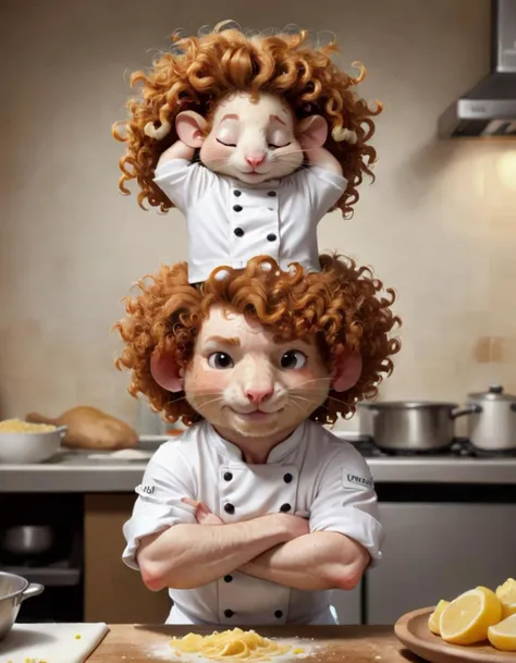 a cute human chef with ginger curly hair, there's a rat on top of his head, controlling his movements by holding his hair