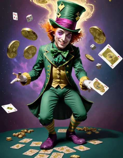 cosmic mystic tarot card design, a mad hatter from alice in wonderland dressed as the riddler. bunch of golden coins, dice, poker cards flying around in the air