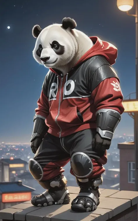 breathtaking, a cyborg anthropomorphic giant panda male furry is sitting solo on rooftop, He has very fluffy fur on cheek and animal head, mechanical arms and hands, mechanical legs and boots, He wears a short sleeves red hoodie with both proud and serious on his face, His eyes are black and shine and looking afar, city below, backlighting, night, moonlight, starry sky, shooting star, constellation, realistic, illustration, cyberpunk, science fiction, medium shot, dutch angle, award-winning, professional, highly detailed