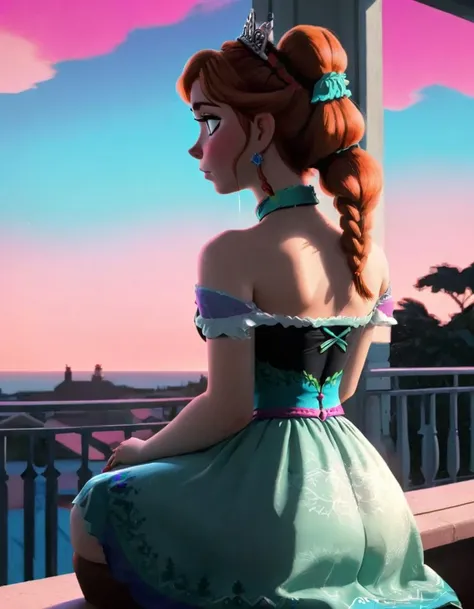 Princess Anna sitting on a balcony, watching a vaporwave sunset, from behind, silhouette