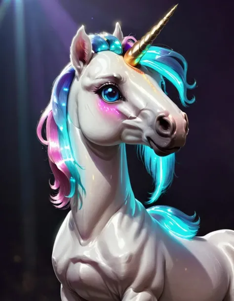 a stunning unicorn steed, fashionable glowing haircut, proud, closeup