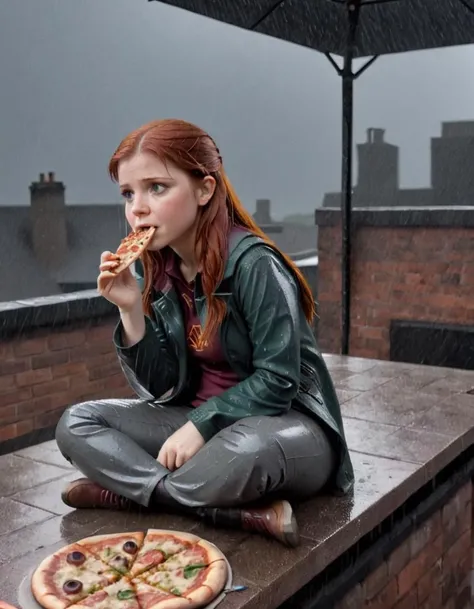 Ginny Weasley sitting on a rooftop, eating pizza in the rain