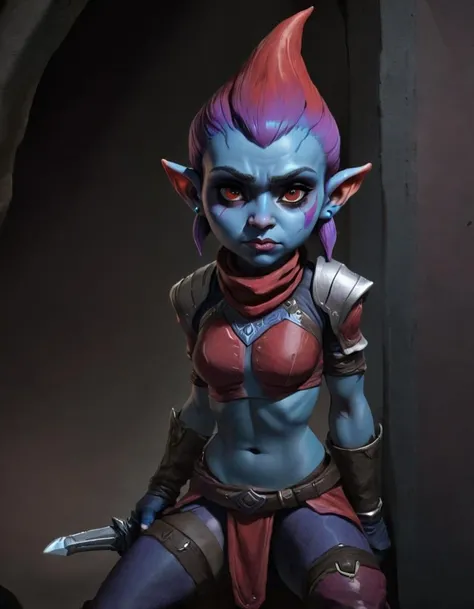 an asari gnome assassin hiding in the shadows