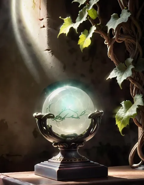 mysterious glowing orb on a trophy stand, ominous vines growing on the walls, engulfed in shadows, center focus, mystical aura