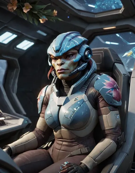 an asari krogan hybrid pilot sitting in a modern spaceship cockpit, floral decorations, fireflies in the air, cinematic LUT