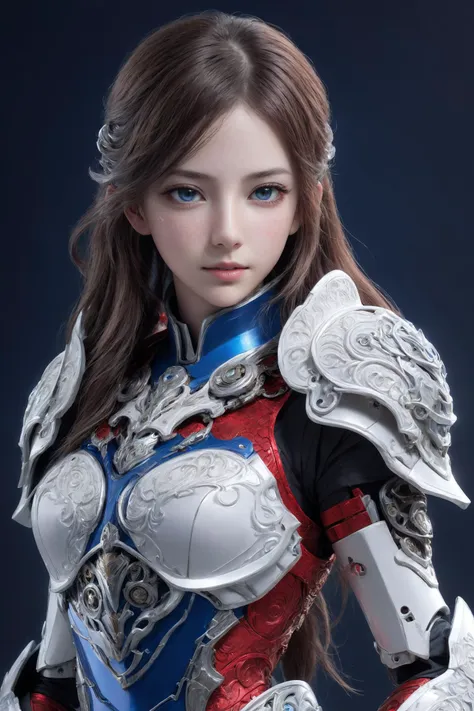 front_view, masterpiece, best quality, photorealistic, raw photo, (1girl, looking at viewer), long hair, mechanical white armor, intricate armor, delicate blue filigree, intricate filigree, red metalic parts, detailed part, dynamic pose, detailed background, dynamic lighting, <lora:PrgXLSkinTest:0.45>,(textured skin:1.3), <lora:PrgXL_V1:0.1>