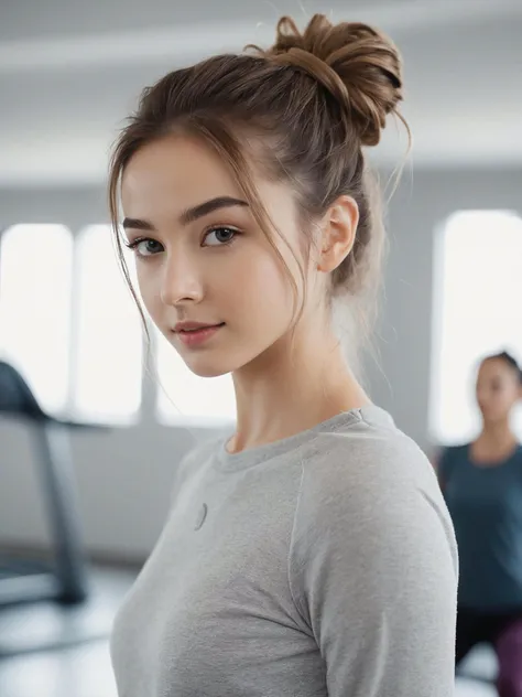 yoga pants standing in a fitness center, back of head, messy bun hair, candid,