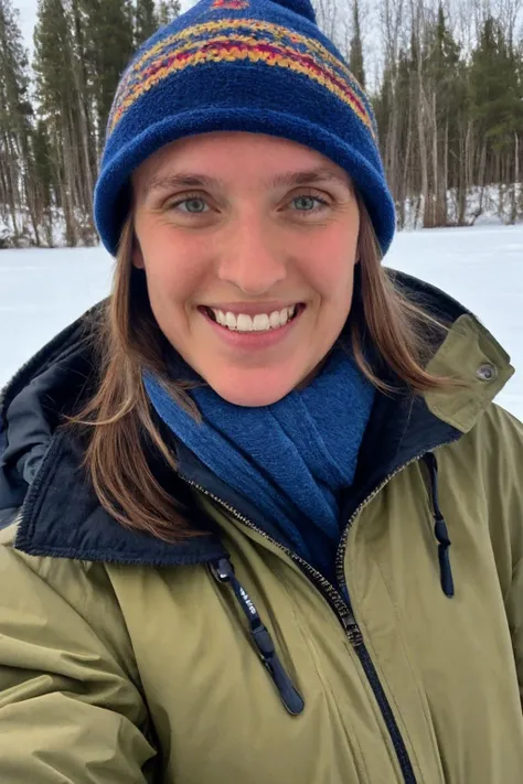 <lora:Yodiah:1>, realistic, solo, looking at viewer, teeth, 1girl best quality, highly detailed, medium shot, wearing a jacket, wearing a beenie, wearing ski pants