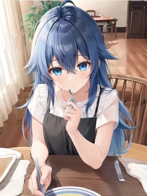 best quality, masterpiece, highres, detailed, perfect anatomy, <lora:Detail - add_detail:0.2>, <lyco:Clothing - SummerDress:0.8>, SummerDress, white shirt, black dress, white shirt under black dress, indoors, dining room, <lora:Character - VivyFEye:0.6>, VivyFEye, blue hair, ahoge, long hair, blue eyes, doing housework, mature female,