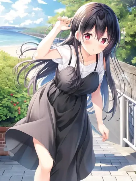 best quality, masterpiece, highres, detailed, perfect anatomy, <lora:Detail - add_detail:0.2>, <lyco:Clothing - SummerDress:0.8>, SummerDress, white shirt, black dress, white shirt under black dress, outdoors, <lora:Character - Hoshimi:0.6>, Hoshimi, black hair, long hair, red eyes, blush, medium breasts,