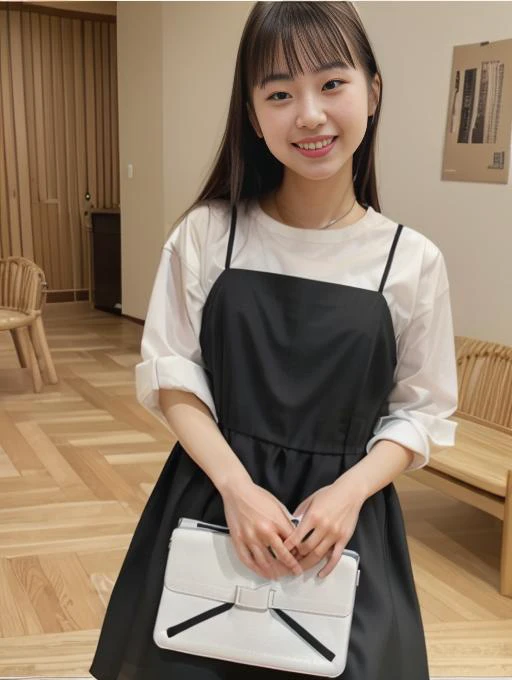 best quality, masterpiece, highres, detailed, perfect anatomy, <lora:Detail - add_detail:0.2>, <lyco:Clothing - SummerDress:0.9>, SummerDress, white shirt, black dress, white shirt under black dress, indoors, japanese girl, modeling, happy, smile, cute, 20 year old woman,