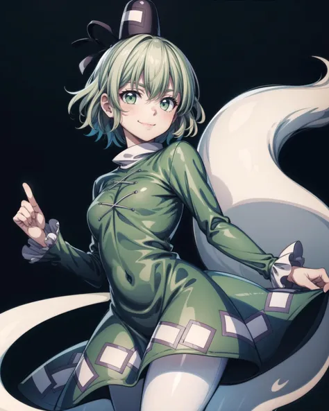 <lora:touhou_tojiko-10:1.0>, solo, 1girl, tojiko, smile, looking at viewer, hat, tate eboshi, cross-laced clothes, green dress, long sleeves, ghost tail, <lora:add_detail:1>, masterpiece, best quality,