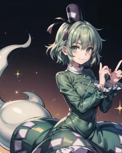 <lora:touhou_tojiko-10:1.0>, solo, 1girl, tojiko, smile, looking at viewer, hat, tate eboshi, cross-laced clothes, green dress, long sleeves, ghost tail, <lora:add_detail:1>, masterpiece, best quality,