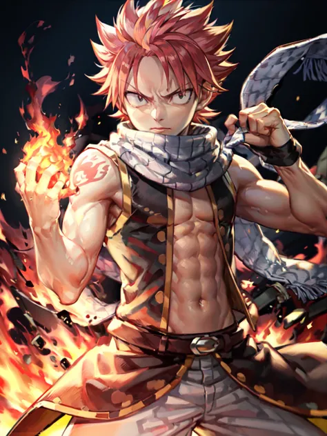 masterpiece, best quality, 1boy, natsu dragneel, scarf, sleeveless, black eyes, fire, arm up, <lora:Natsu:0.8>