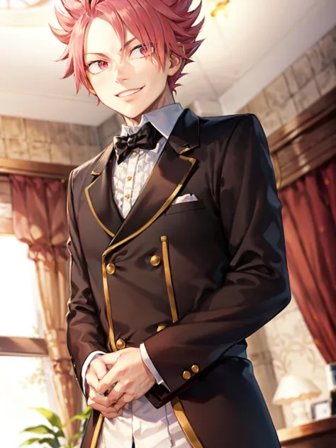 masterpiece, best quality, 1boy, natsu dragneel, butler, smile <lora:Natsu:0.8>