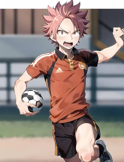 masterpiece, best quality, 1boy, natsu dragneel, running, soccer uniform, <lora:Natsu:0.8>